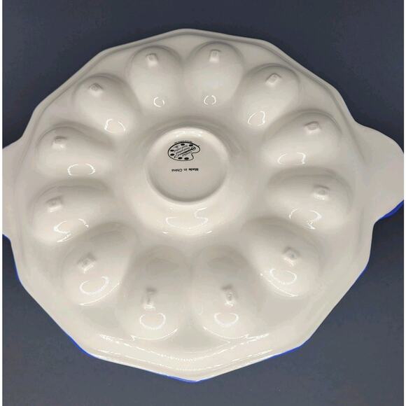 Deviled Egg Plate Tray Temptations by Tara Floral 11.5” Light and Dark Blue EUC - Picture 6 of 7